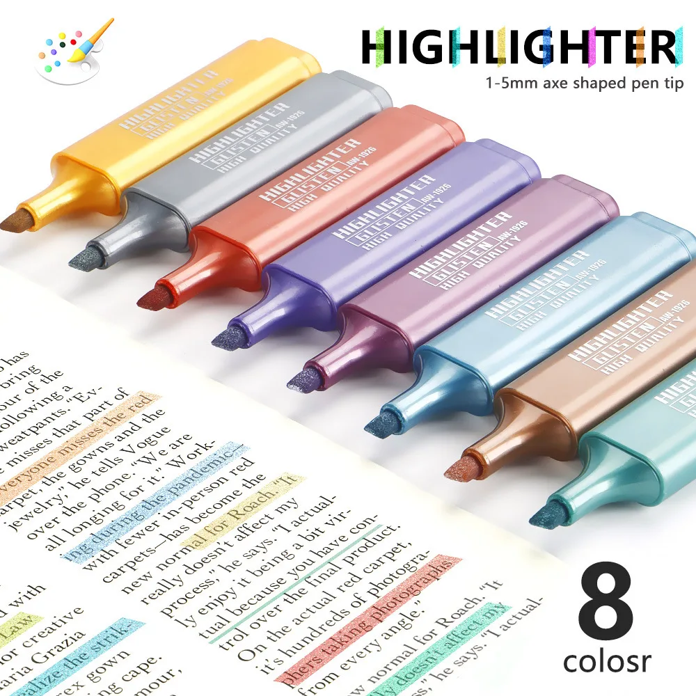 8pcs/Set Metallic Highlighter Morandi Gold Powder Glitter Highlighter Markers for Note Journaling Graffiti Pen Stationery Kawaii