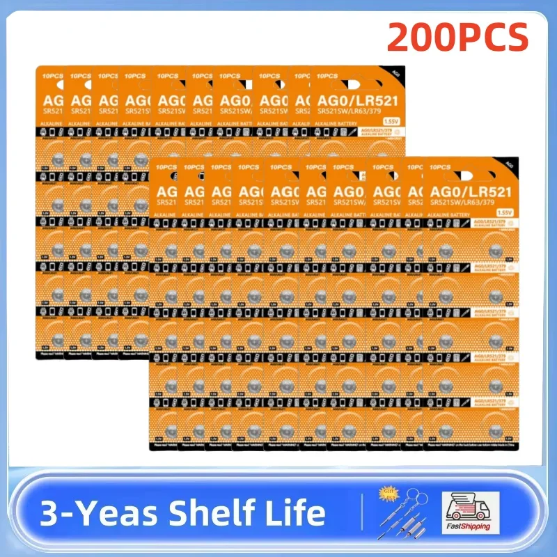 

200PCS LR521 AG0 379 Button Batteries SR521SW 379A 1.5V Alkaline Coin Cell 179 D379 SR63 Silver OxideWatch Battery