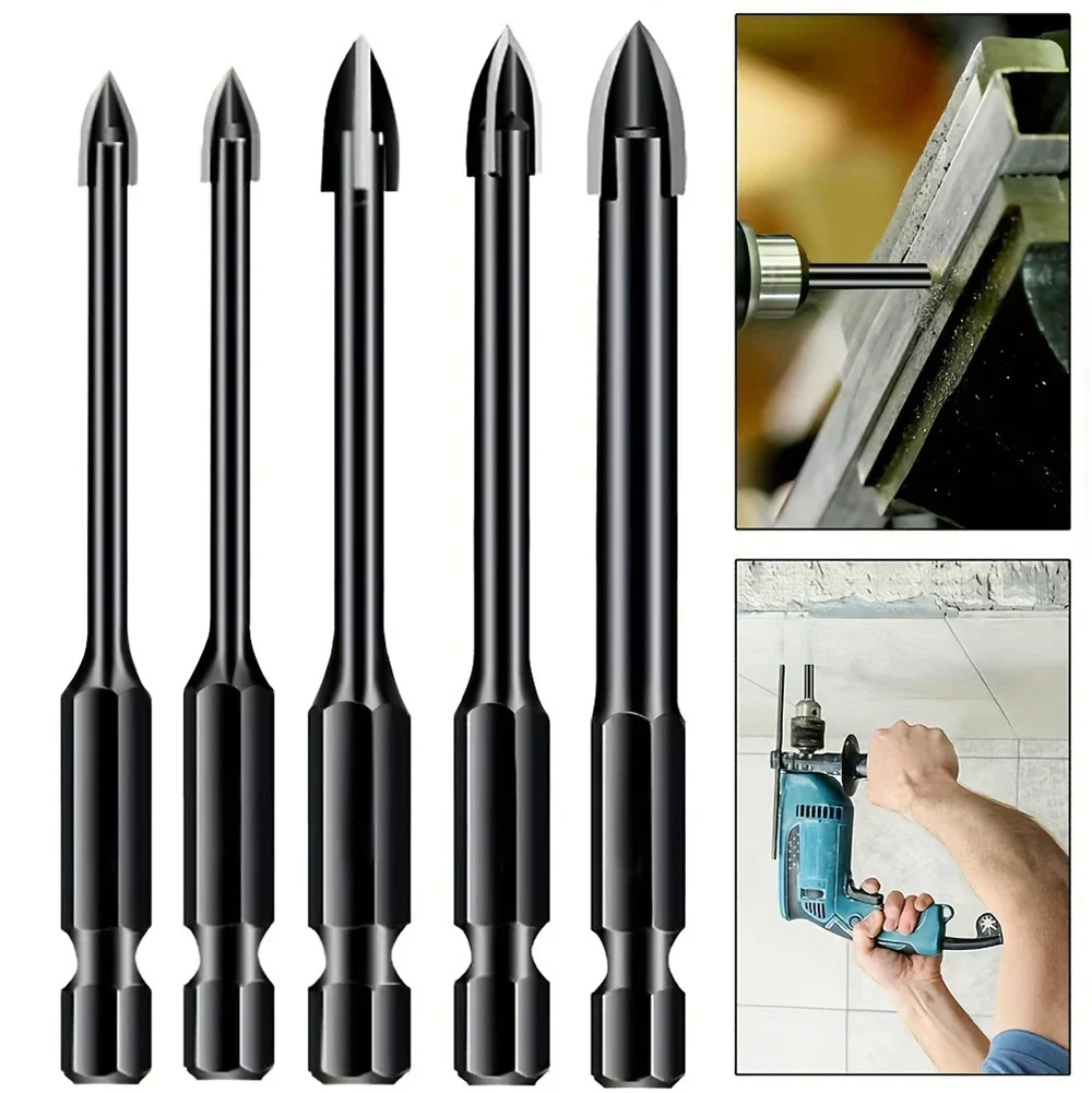 

5pcs Cross-shaped Four-blade Drill Bit Multi-functional Cross Four-blade Hexagonal Handle Alloy Tile Drill Bits For Iron Plates