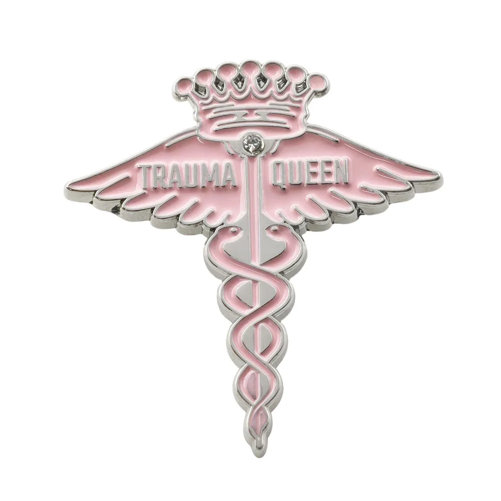 Trava Queen Enamel Pin Pink Caduceus Medical Brooch Crown Angel Wings Metal Badge Cute Fun Nurse Doctor Label Pin Jewelry Gift