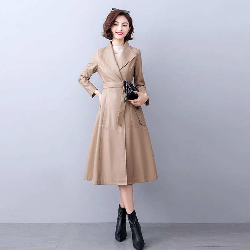 Autumn Winter Long blue Black Soft Sheepskin Leather Trench Coat for Women Belt Skirted Elegant Luxury Fashion M-5xL