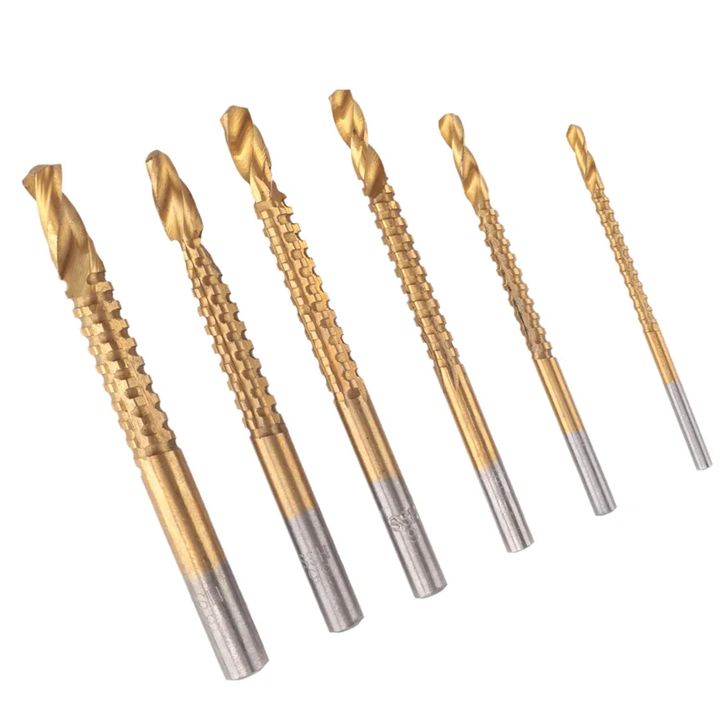AY03-6 pacote de titânio revestido hss torção bits, 3-8mm serrilhado lado corte bits ferramentas para trabalhar madeira para furos de madeira de metal plástico