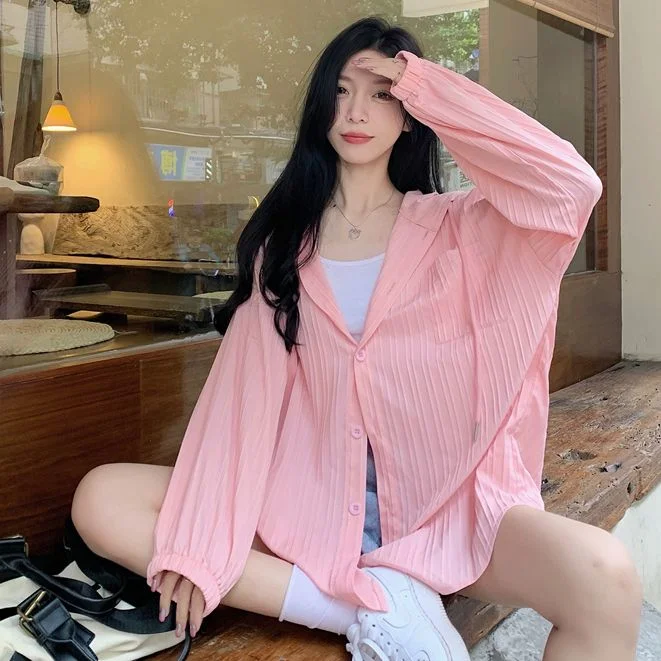 

Large Size Long Sve Sun Protection irt Women's Summer Versatile Loose Cardigan Coat Thin Outerwear Commute Sle Pure Color