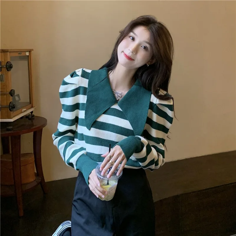 

Autumn Winter New Chic Turn-down Collar Vintage Slim Knitted Pullovers Women's Elegant Striped Puff Sleeve High Street Sweaters