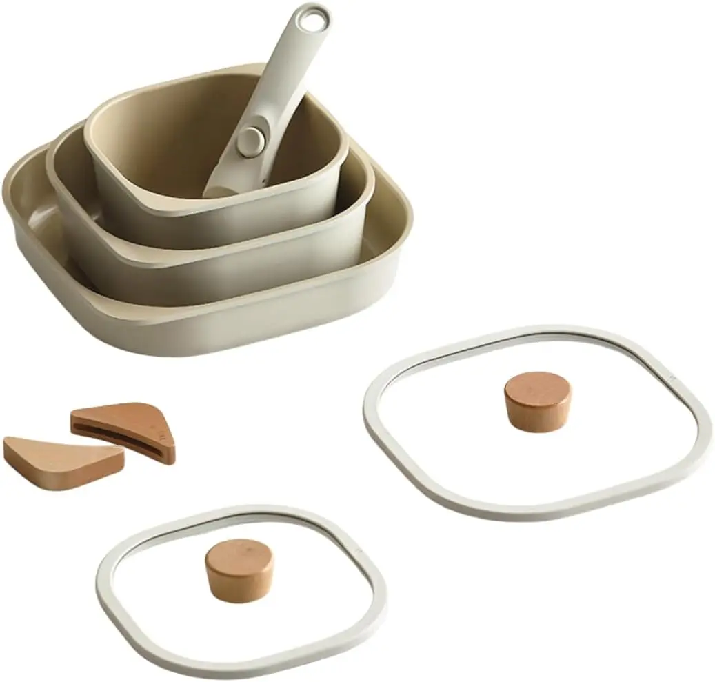 

Набор кухонной посуды для здорового приготовления пищи с антипригарным покрытием, 7 предметов, с крышкой, съемной ручкой, индукционная совместимая универсальная кухонная посуда, E