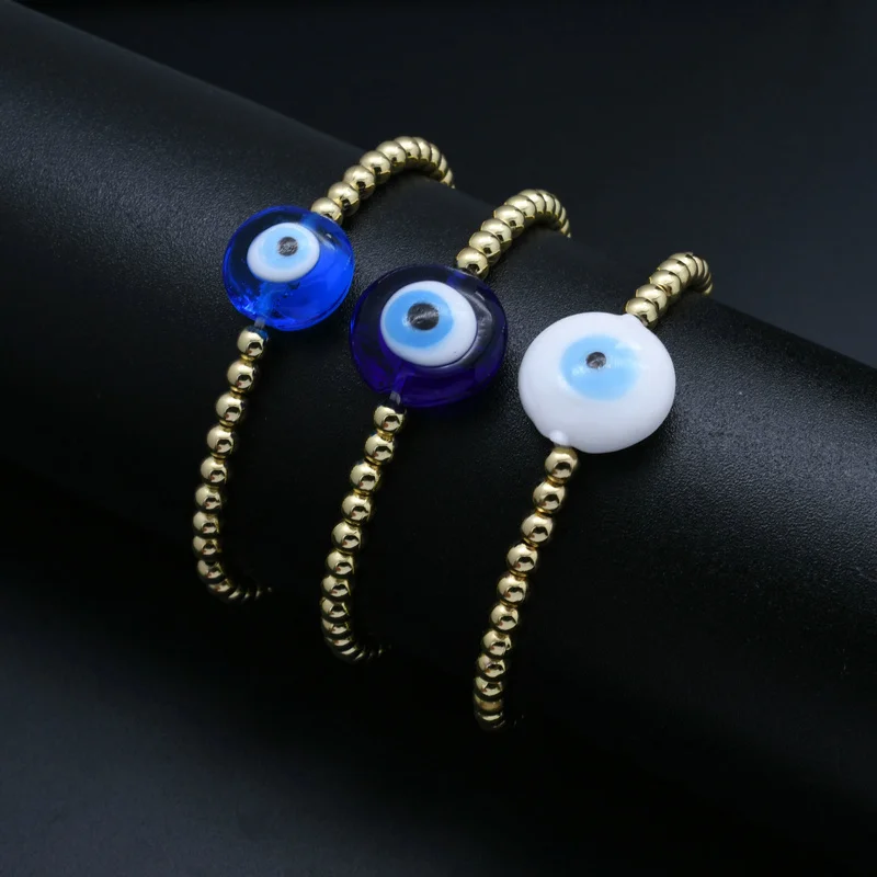 10pcs Lovely Women Cheap Jewelry Gold Plated Brass Beads Blue White Turkish Evil Eyes Ceramic Bracelets For Women