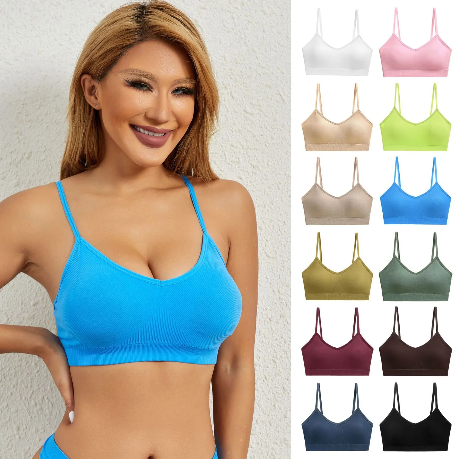 Atasan Crop Yoga Olahraga Warna Polos Dasar Wanita dengan Bantalan Dada, Tali Spaghetti, Bralette Tanpa Kawat, Rompi Camisole Elastis Tanpa Jahitan