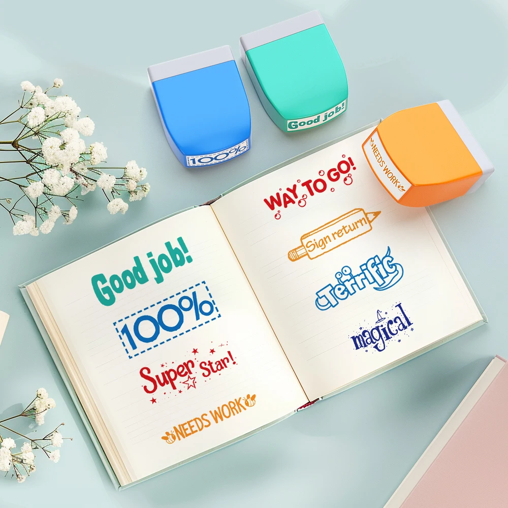 ختم المعلم - مجموعة تحفيز وتحفيز تلقائيًا، مناسبة للفصول الدراسية المدرسية ومجموعات المدارس العائلية (8 قطع) مع صينية تخزين #5