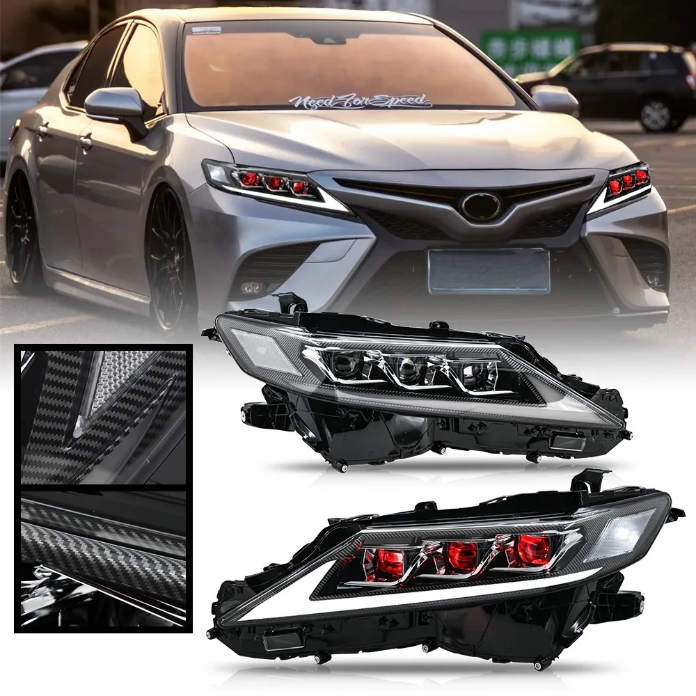 For Toyota Camry 2018-2024 Red Devil Eye LED Headlight Assembly Pair Projector Front Lamp With DRL Angel Eyes Custom Upgrade