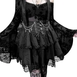 Gonna gotica Sexy carino nero Mini donne coulisse pieghe vita alta irregolare volant Patchwork Fairycore gonne corte Mori Girl