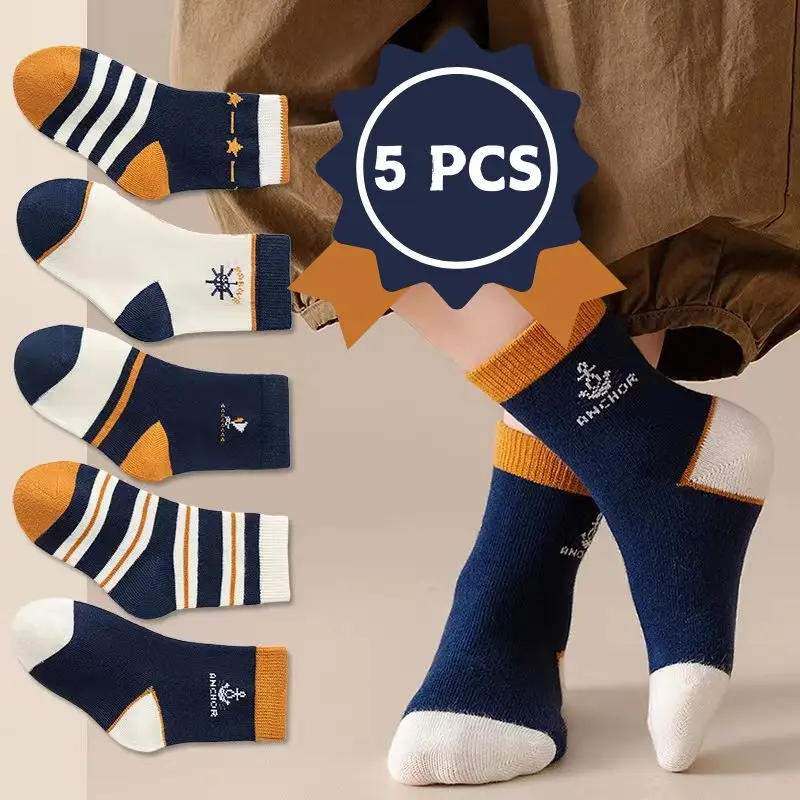 5Pairs Fashion Stripe Boys Sport Socks Autumn Winter Children Mid Tube Sock Thicken Cotton Baby Warm Sock 1-6year Kids Footwear