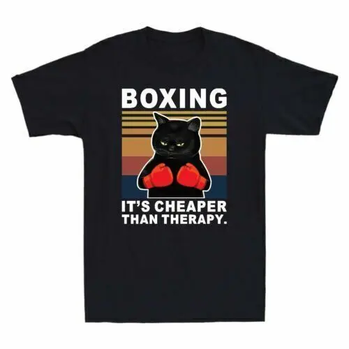 Cat Boxing It's Cheaper Than Therapy Funny Retro Vintage   Tee Anime Graphic T-shirts for Men Clothing Women