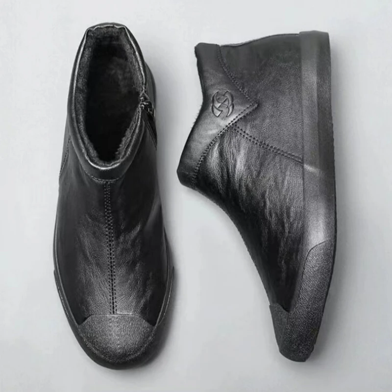 Winter Men's Shoes High Top Ankle Boots New Warm Plush Leather Casual Shoes Outdoor Fashion Boots Non-slip Zipper Men Snow Boots