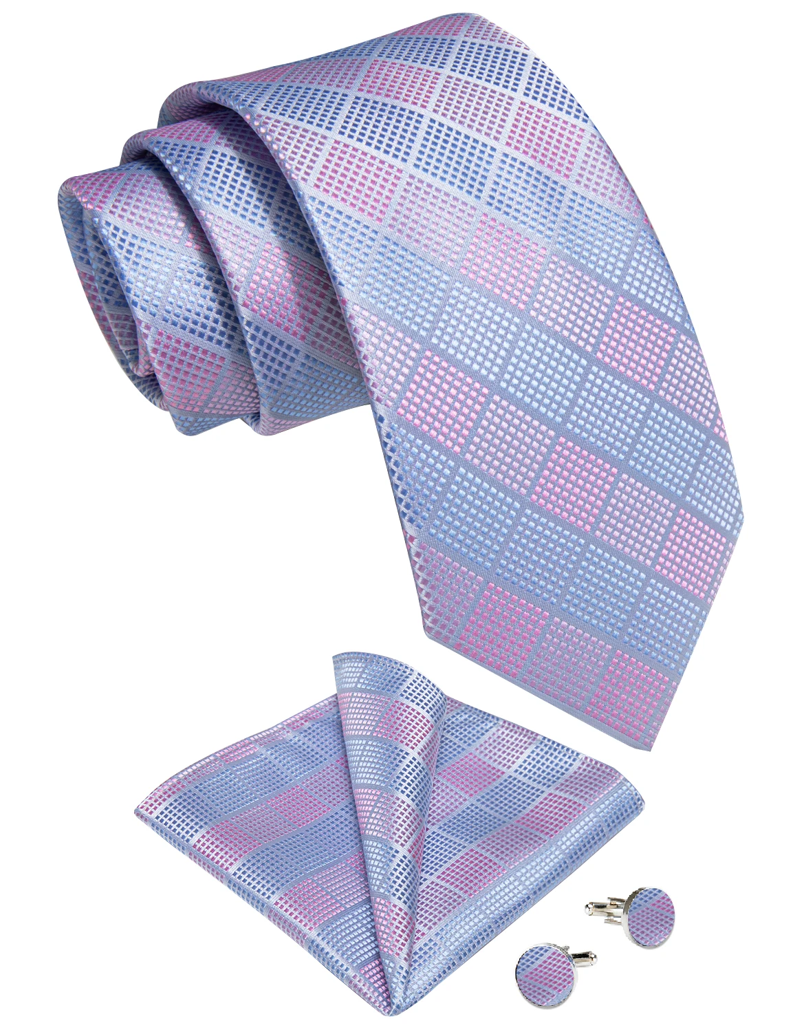 Fashion Blue Pink Check Plaid Ties for Men 8cm Wedding Party Accessories Necktie Set Handkerchief Cufflinks Gift Wholesale