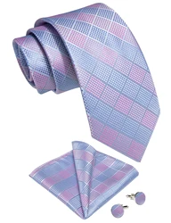 Fashion Blue Pink Check Plaid Ties for Men 8cm Wedding Party Accessories Necktie Set Handkerchief Cufflinks Gift Wholesale