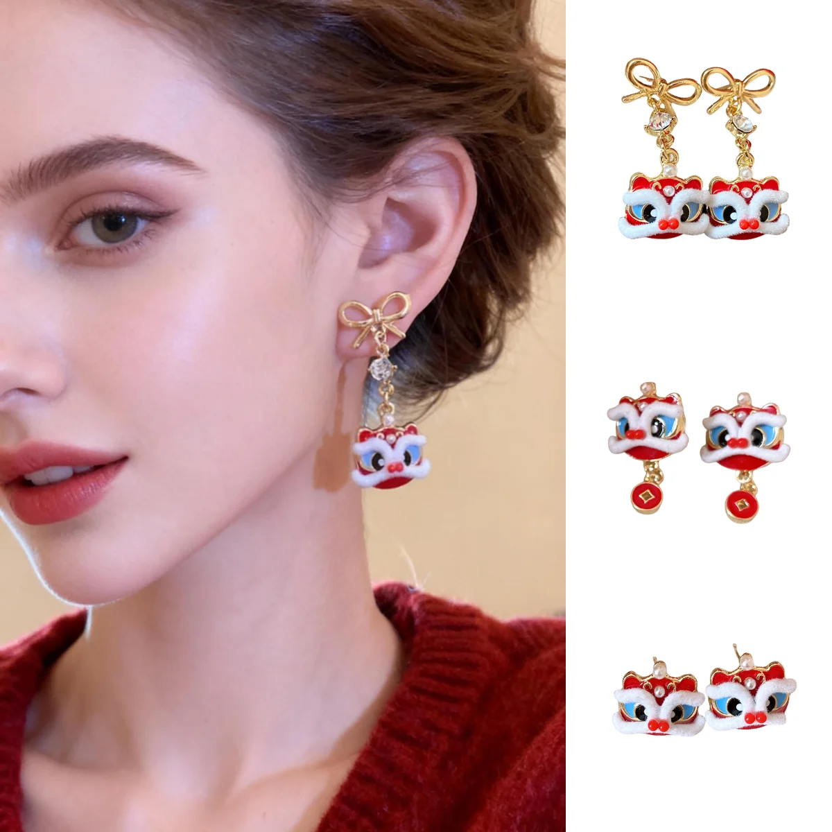

Resin Enamel Pearl Lion Silver Stud Earrings Red Chinese New Year Lion Dance Stud Earrings Luxury-Feel Earrings for Women