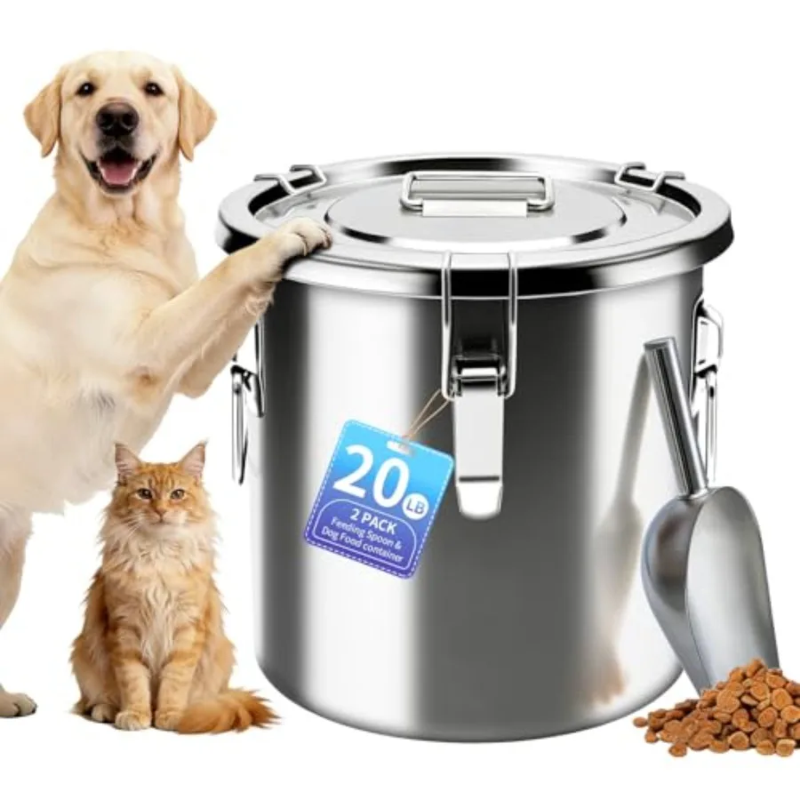 

Dog food storage container for dry food: stainless steel, silver, airtight and easy-to-clean with lid and scoop