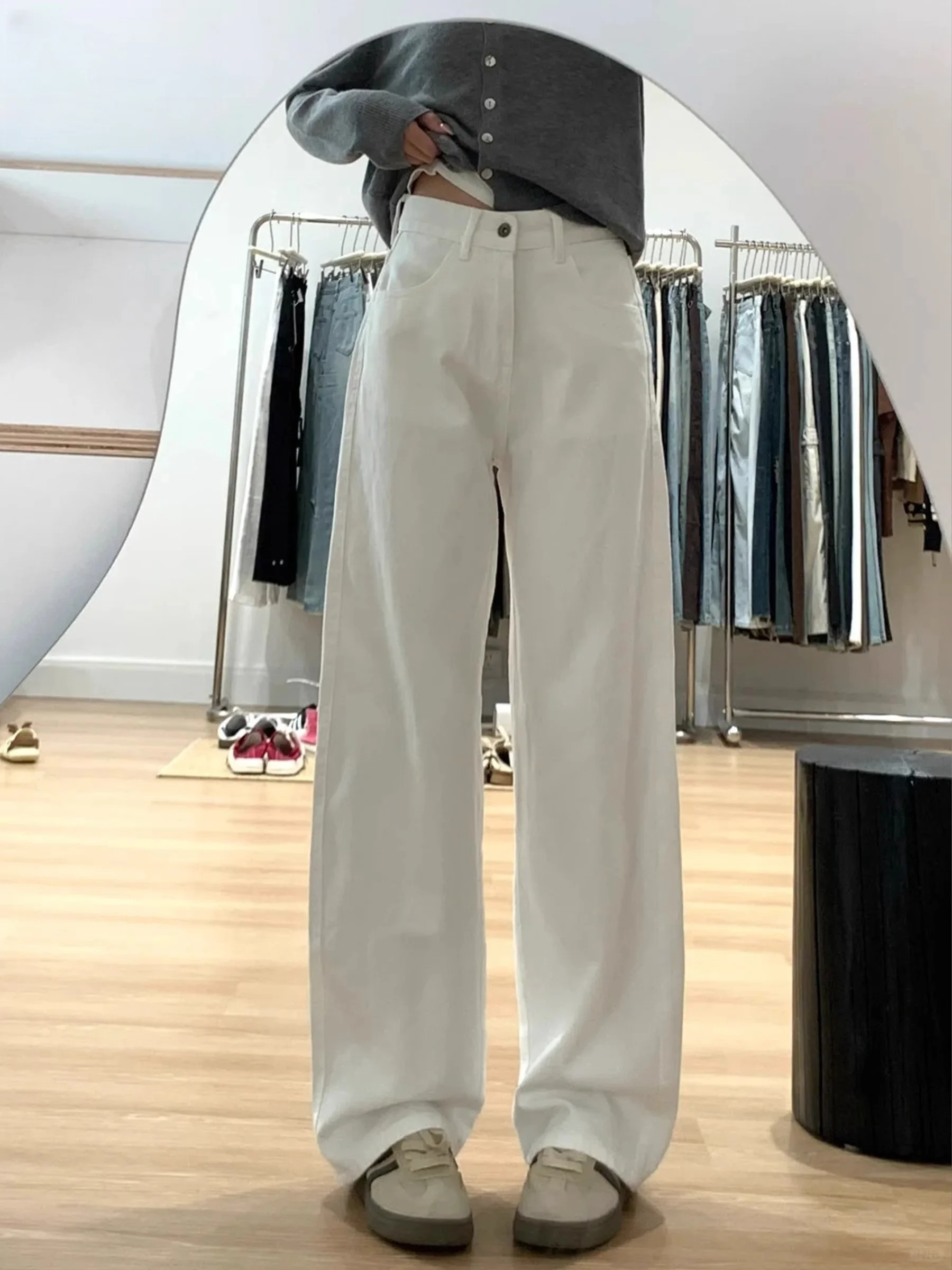 

High Waist Straight Leg White Denim Jeans Women's Loose Slimming Small Size Drapey Floor-Length Wide Leg Pants
