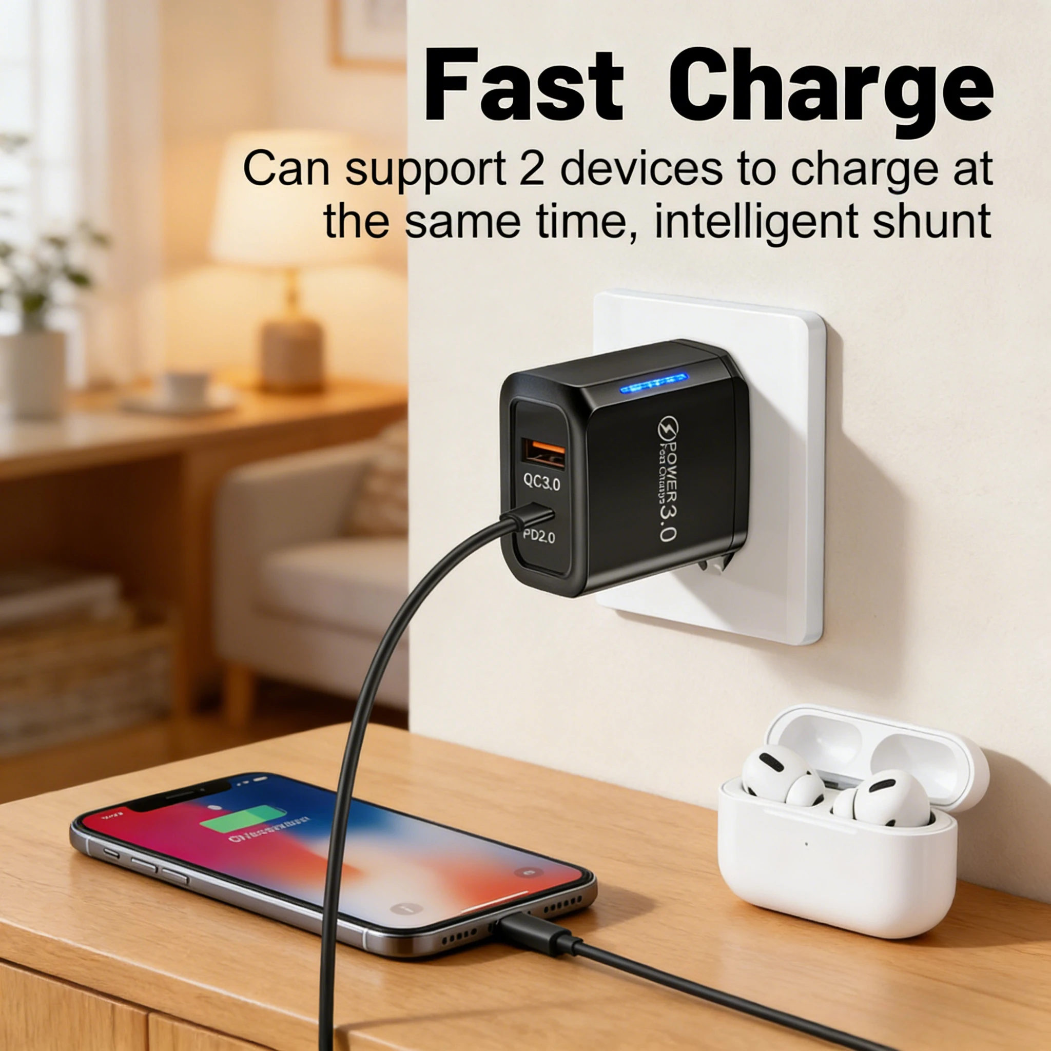36W USB C Quick Charge 3.0 Charger Dual Port Wall Adapter EU/US Plug For iPhone Samsung Xiaomi