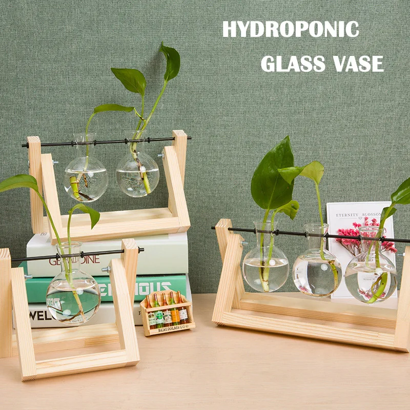 

Hydroponic Plant Vases Glass Vase Vintage Bonsai Flower Pot Terrarium Tabletop Tray Wooden Frame Home Decor Garden Supplies