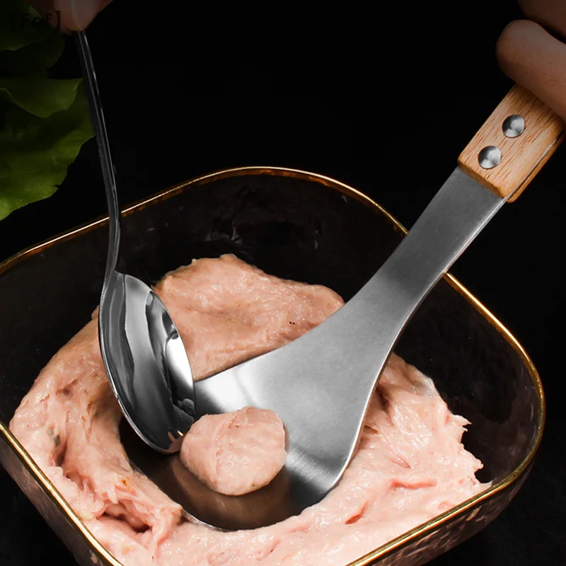 

Stainless Steel Meatballs Spoon Wooden Handle Non-Stick Meatball Maker Kitchen Meat Manual Food Processorle Fish Balls Utensils