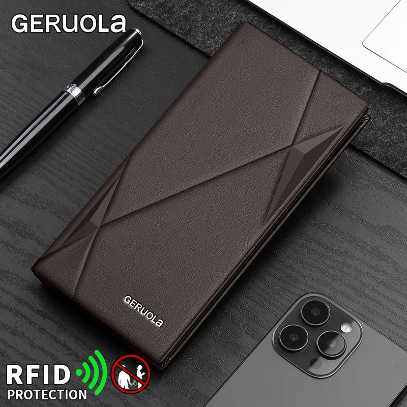 Men's Genuine Leather Long Wallet Large Capacity Card Compartment Design Holiday Gift Top-Grain Cowhide Spacious RFID-Blocking C
