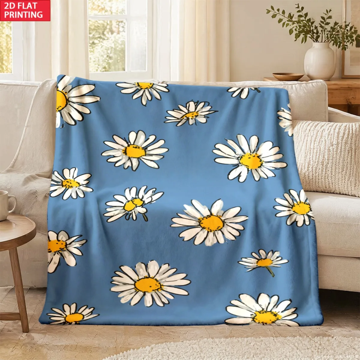 2D Flat Printing 1pc Scattered Sketchy White Daisy Blue Print Soft Flannel Throw Blanket Warm Soft Flannel Four Seasons Perfect