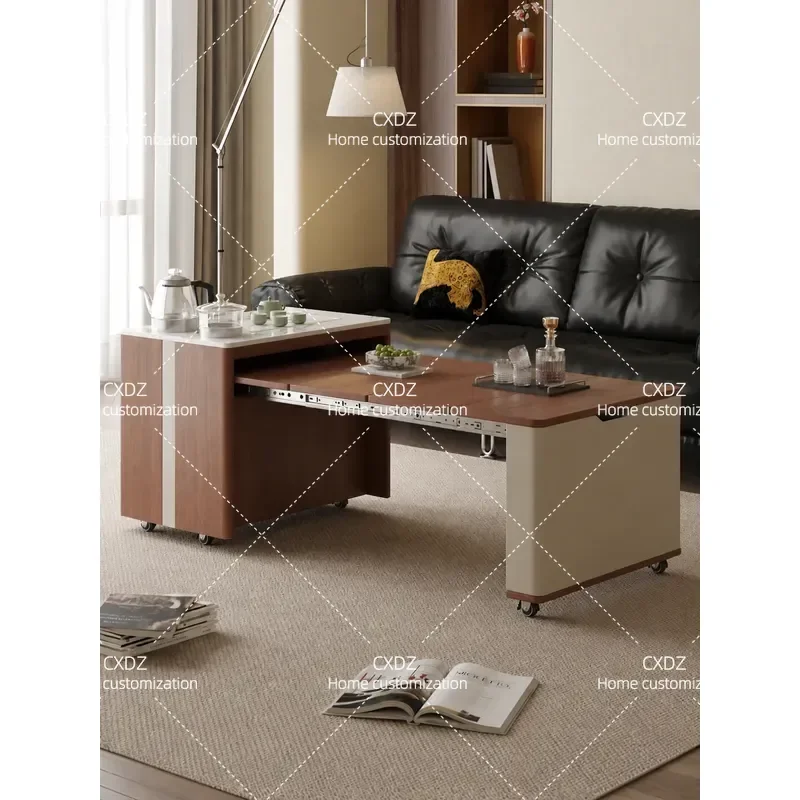 Movable Solid Wood Edge Telescopic Folding Coffee Table Multi Functional Tea Table for Living Room Balcony Household Use