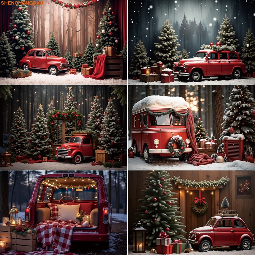 

Christmas Photography Background New Year Red Truck Tree Photocall Backdrop Children Photo Studio Photocall Accessories