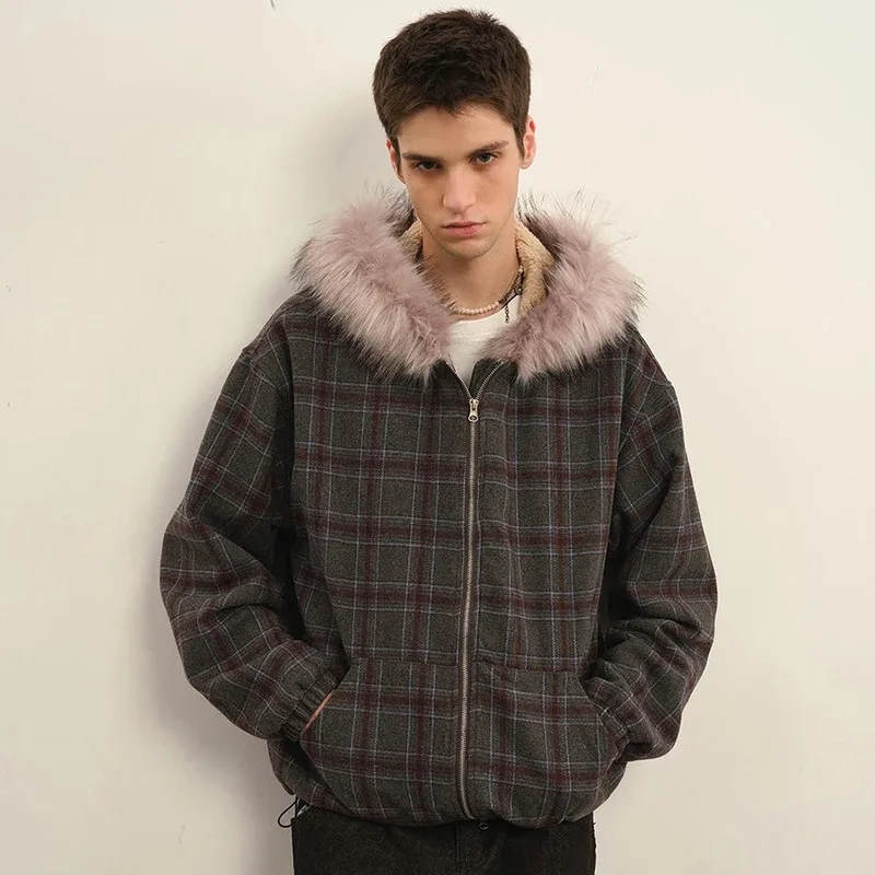 جواكت شتوية للرجال سترات منقوشة عتيقة بياقة من الفرو سترات دافئة سميكة سترات مبطنة فضفاضة غير رسمية ملابس خارجية #3