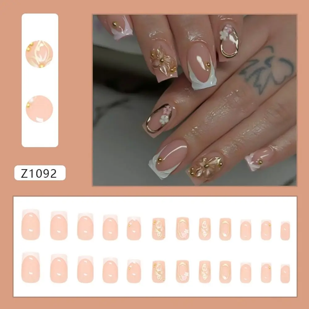 

24pcs Fashion Long Square False Nails French Sweet Pearl Flowers Press on Nails Detachable Full Cover Fake Nails Women Girls