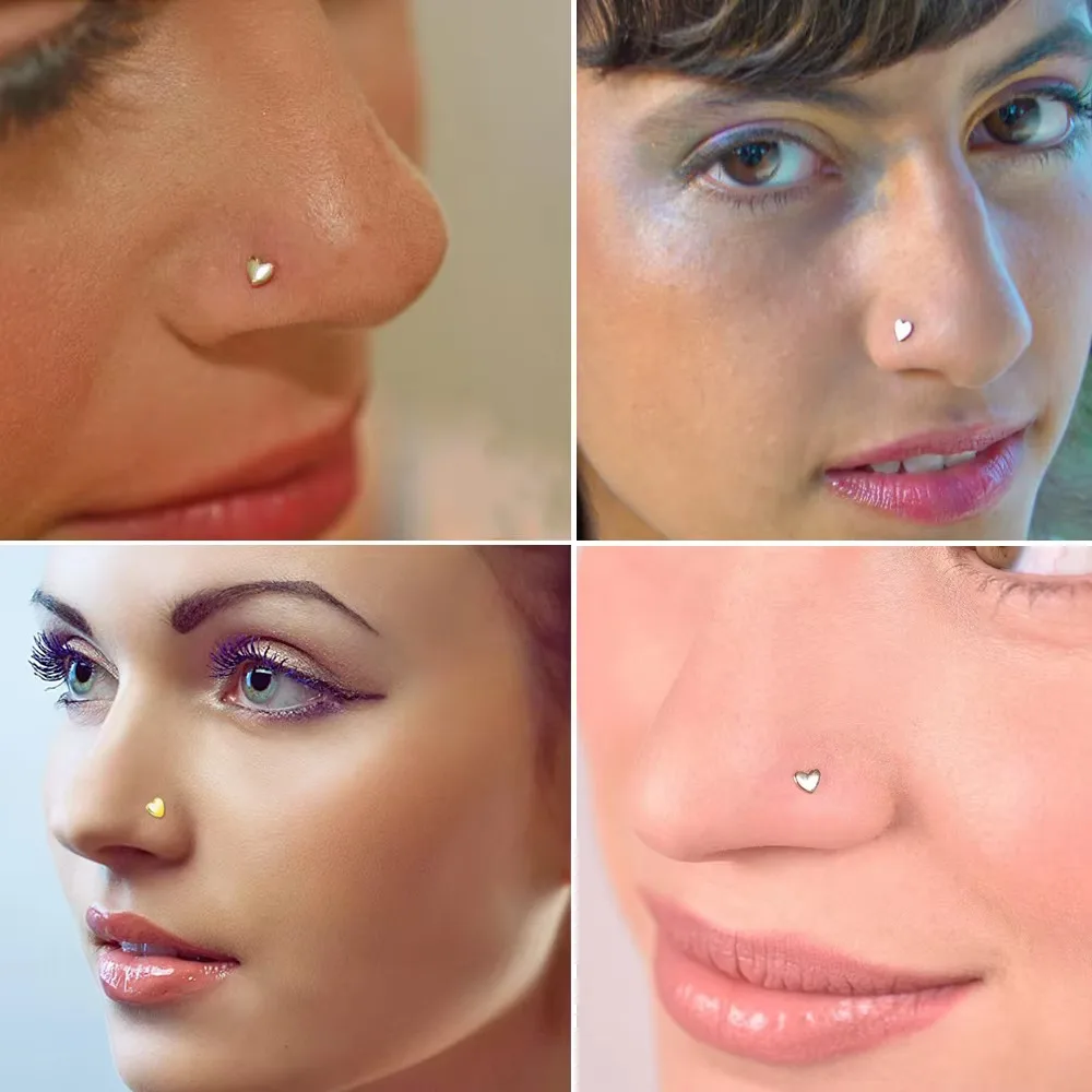 5PCS/Lot 316L Surgical Steel L Shape Nose Bone Ring Heart Top Screw Nose Piercing Retainer Holder Nazir Stud Body Jewelry 20g