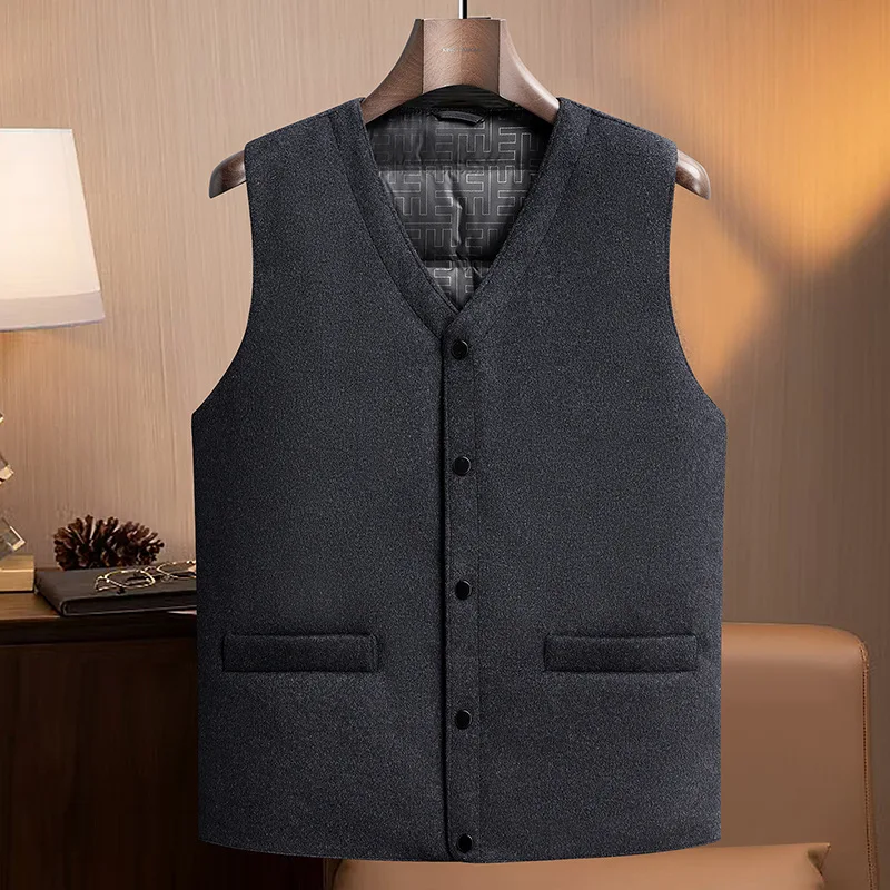 KIDWHXR Man Winter Down Waistcoat Slim V-neck Sleeveless Male Coat Vest Thicken Warm Single-breasted Business Casual Men Vest