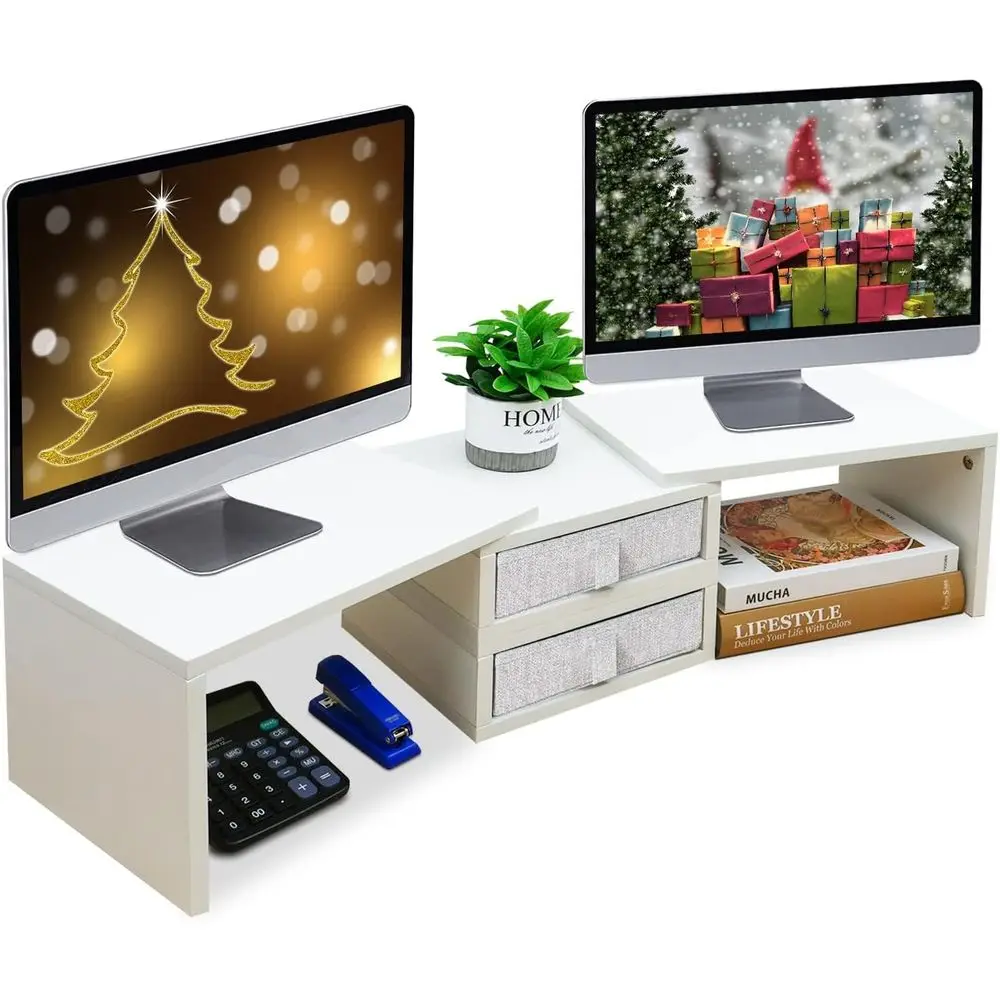 

Adjustable Dual Monitor Stand - White Desk Organizer with Storage for 2 Monitors/Laptops/PCs