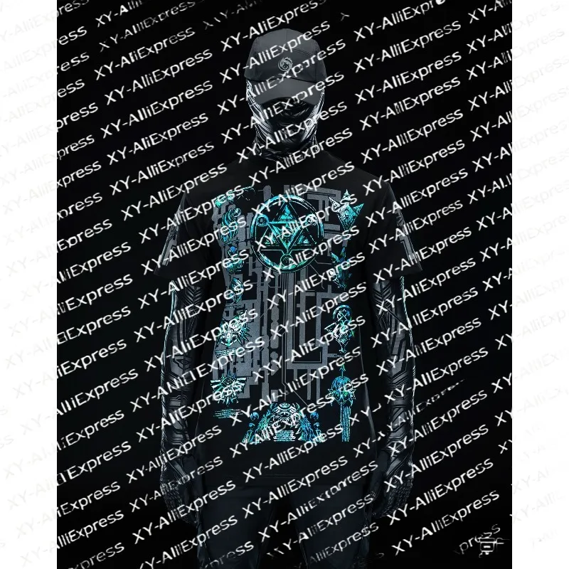 Men Short Sleeve Outdoor Shirt, Quick Dry & Breathable. Cyan Occult Sigil Print,layered Ancient-tech Aesthetic Urban Exploration