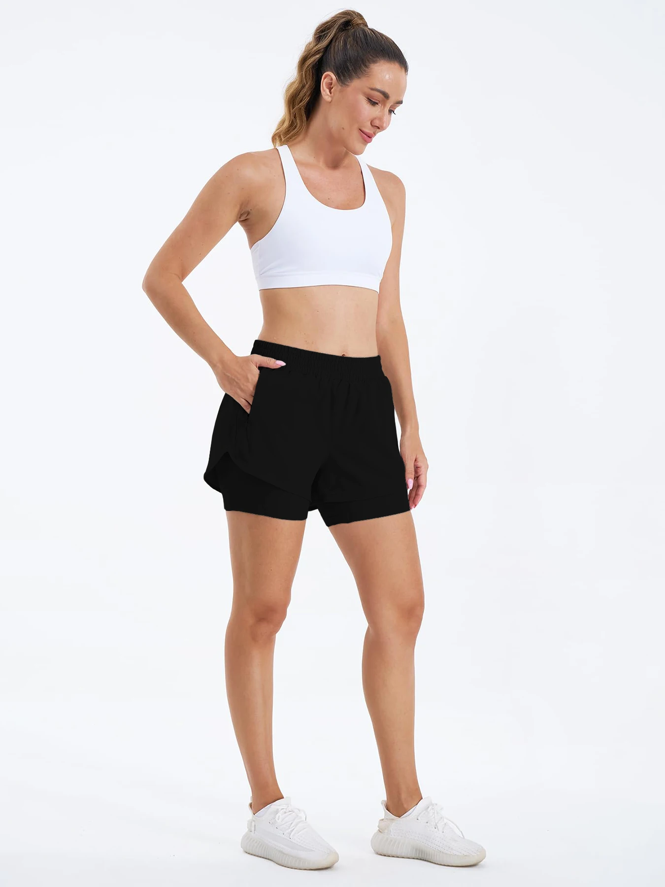 Shorts esportivos casuais 2 em 1 femininos, shorts de corrida, cintura alta, esportes, academia, com bolsos forrados com zíper