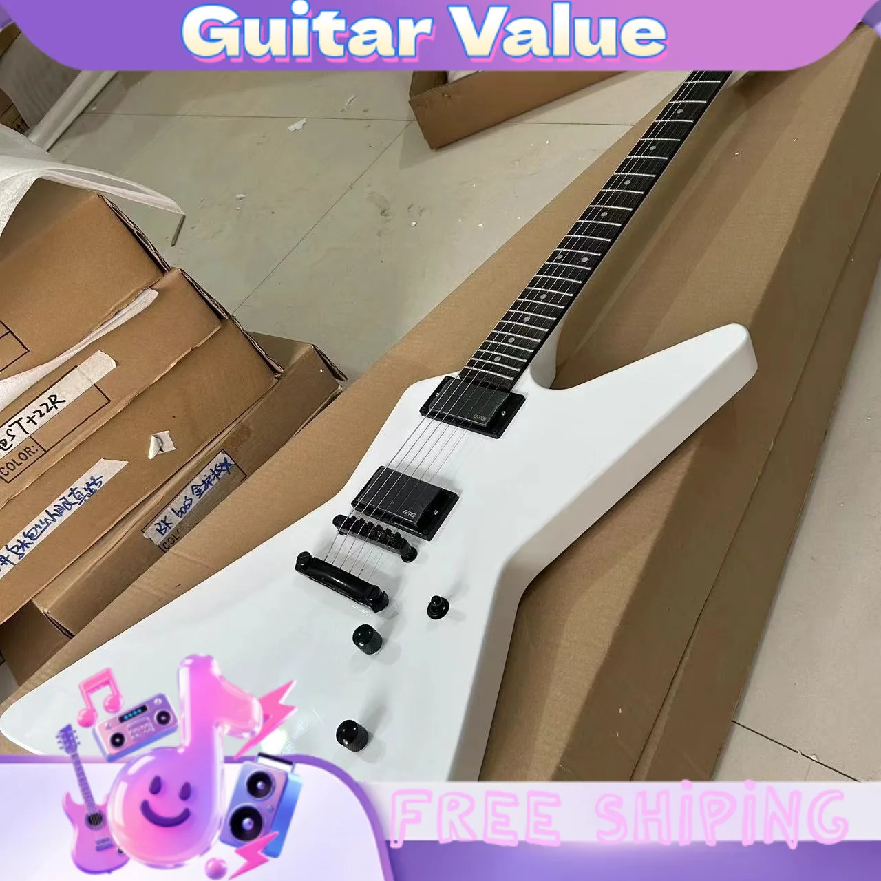 White Shaped Electric Guitar Alien-Shaped Rock Guitar Mahogany Body Maple Fingerboard HH Pickups 22 Tone Dot Fingerboard Inlays view 2