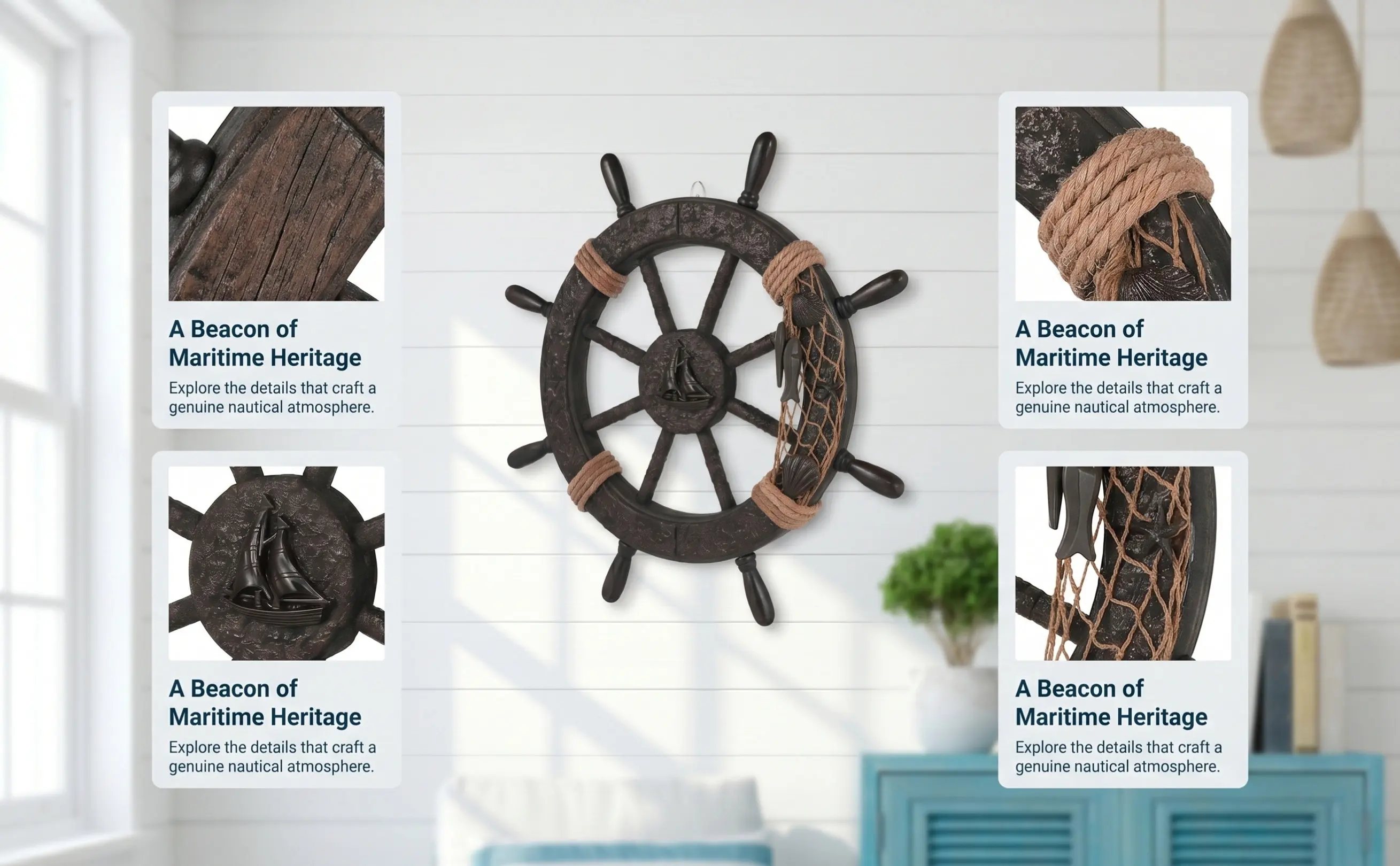 Mediterranean Style Wooden Rudder Wall Hanging Ornament Nautical Decor for Home Hotel Party Boho Coastal Interior Design Ship