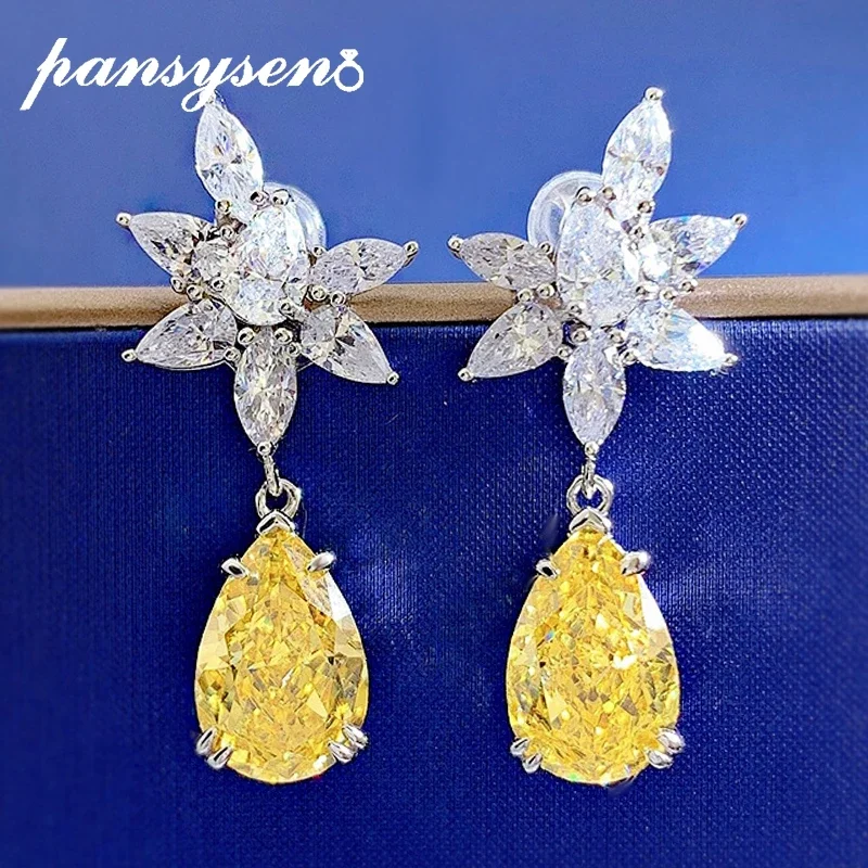 PANSYSEN Sparkling 925 Sterling Silver 8x12MM Pear Cut Citrine High Carbon Diamond Gemstone Dangle Drop Earrings Wedding Gift