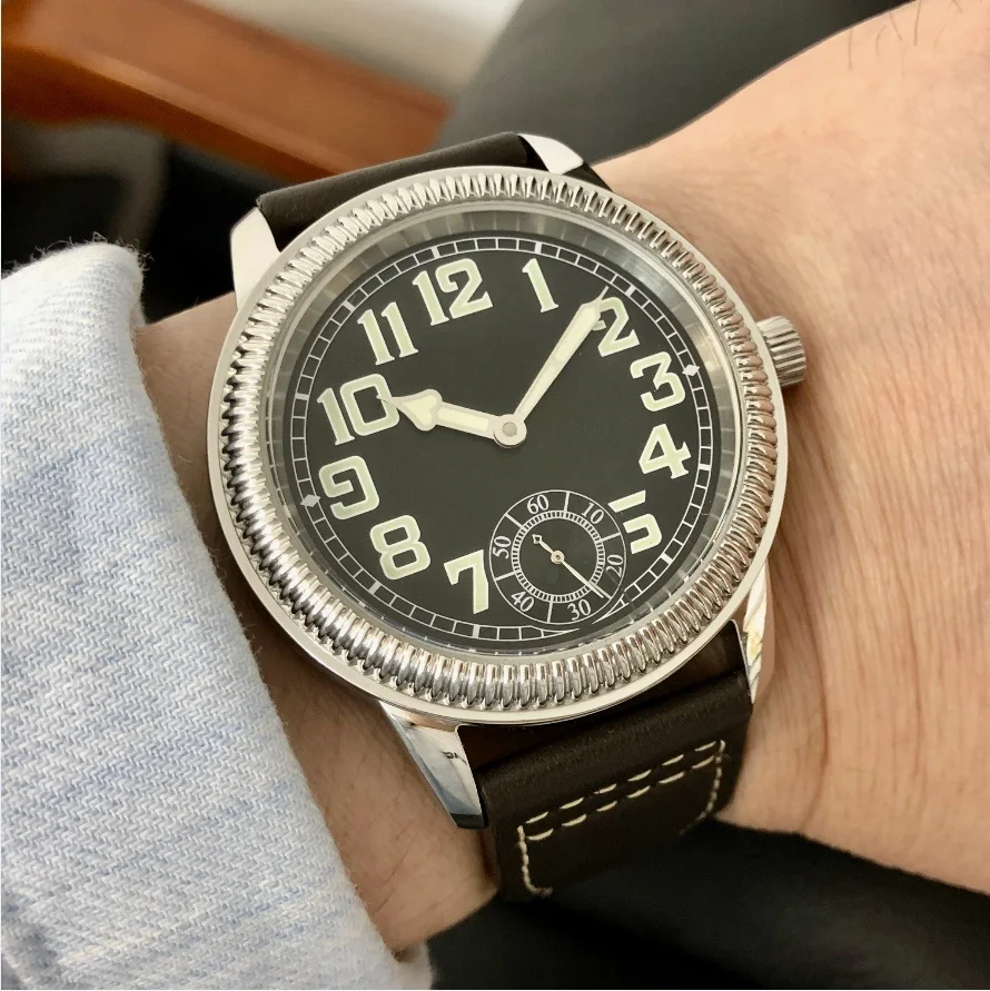 

44 мм без логотипа, черный циферблат, зеленые цифровые азиатские 6498, 17 драгоценных камней, механизм с ручным ветром, мужские механические светящиеся часы ST3621 GR0822-25