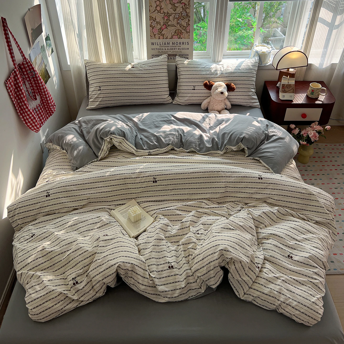 Korean Style Bedding Sets Striped Duvet Cover Set Pillowcase Twin Queen Full Size No Filling Fitted Sheet Set Home Decor