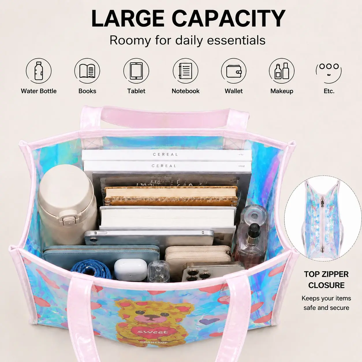 Holographic Transparent Tote Bag Women Cute Bear Heart Print Waterproof Beach Bag Large Capacity Summer Shopping Bag Girls Shoul