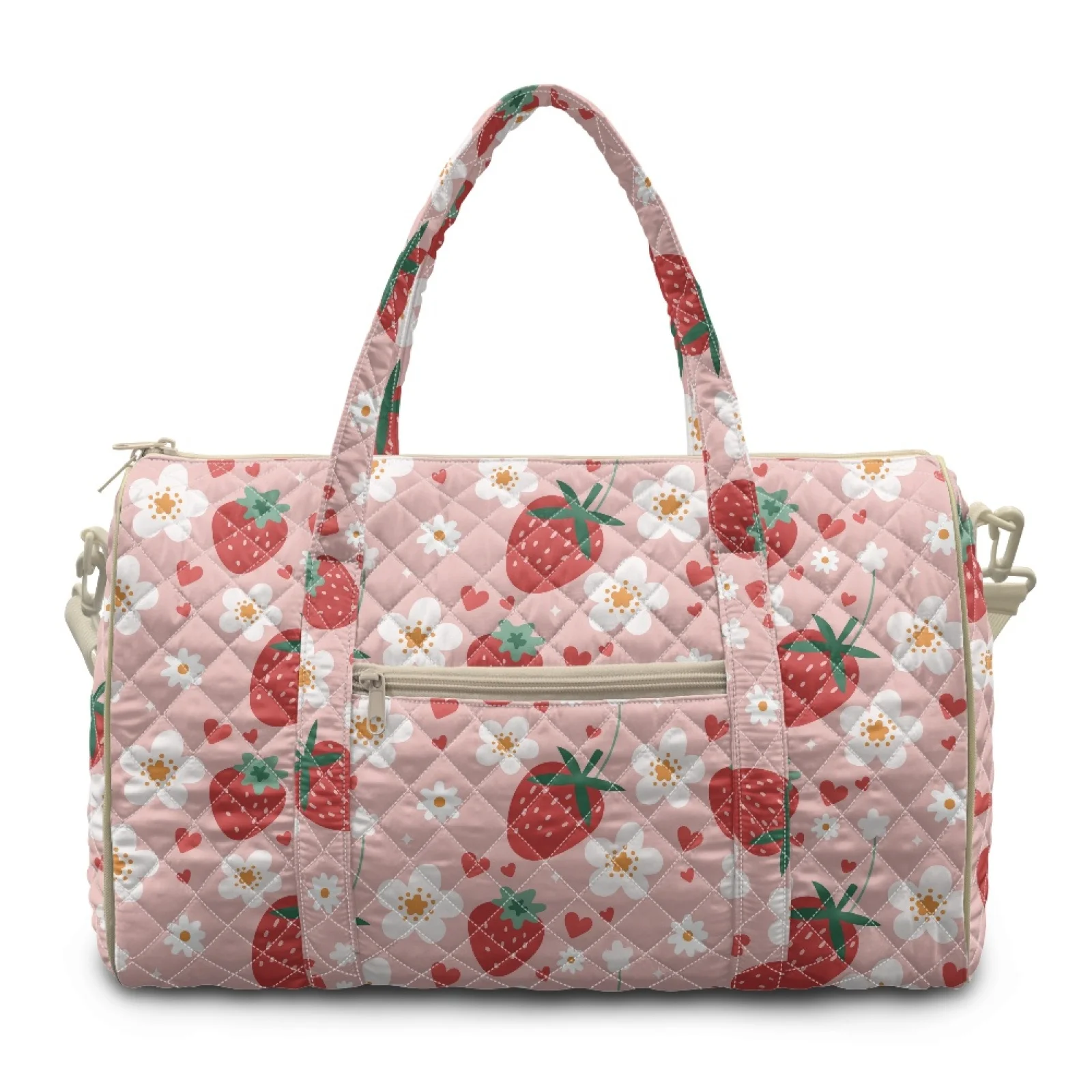 Coloranimal Strawberry and Floral New Trend Carry on Tote Bags Polyester Portable Quilted Tote Bag for Vacation
