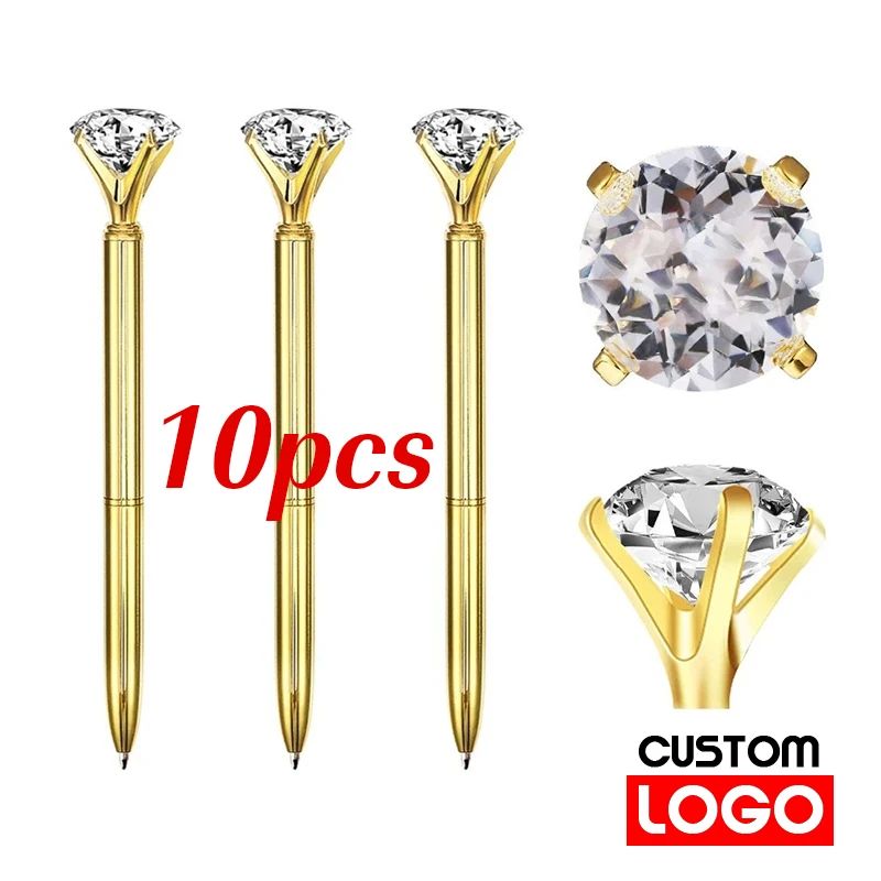 10 Pcs/batch of Large Crystal Diamond Metal Ballpoint Pen Custom Logo Engraving Text Rose Gold Advertising Promotion Gift Pen