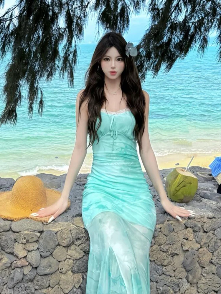 

New Chinese Sle Retro Summer Spring Photoaphy Print Fi Tail ter Dr Women's Summer Beach Vaion Lace Long Dr