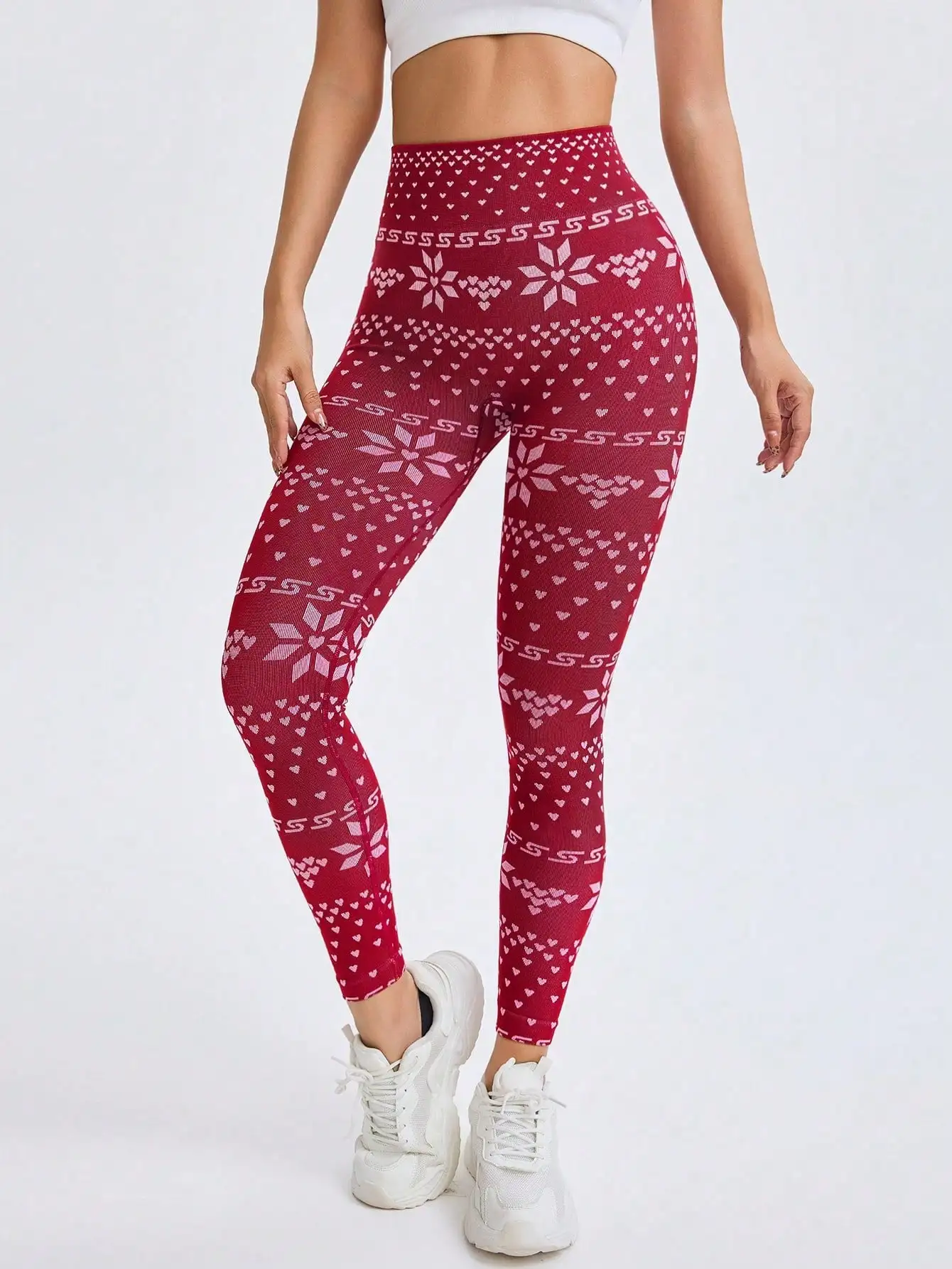 

Бесшовные леггинсы с высокой талией и принтом в виде снежинок и сердечек, корректирующие фигуру, с эффектом подтяжки ягодиц, для йоги и фитнеса