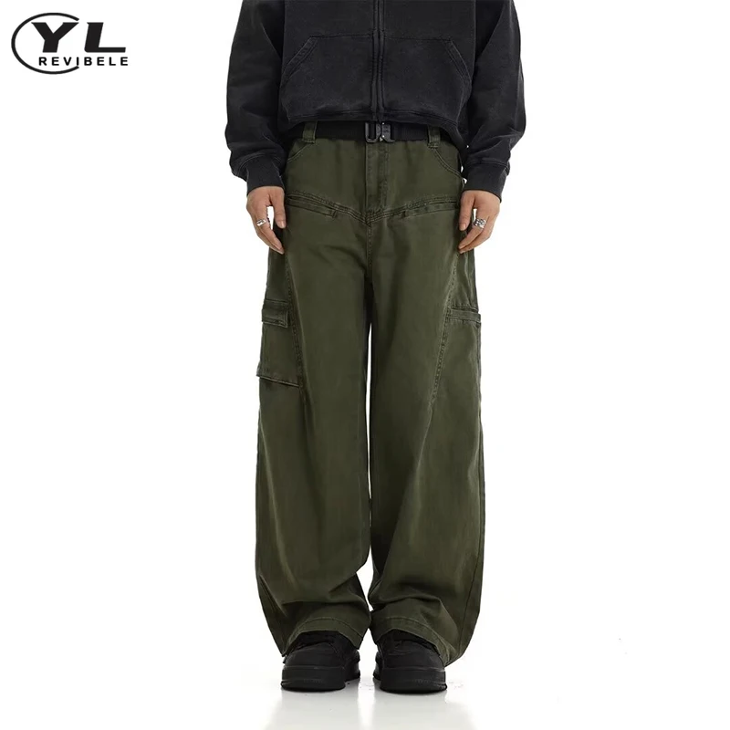 American Vintage Wide Leg Cargo Pant Mens High Waist Solid Color Multiple Pockets Jogging Pants Spring Baggy Straight Trousers