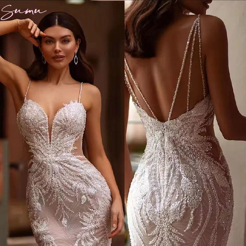 فاخر حورية البحر فستان الزفاف فستان الزفاف المطرزة الدانتيل الديكور مثير عارية الذراعين الخامس الرقبة حزام بلا أكمام Vestidos De Novia #2