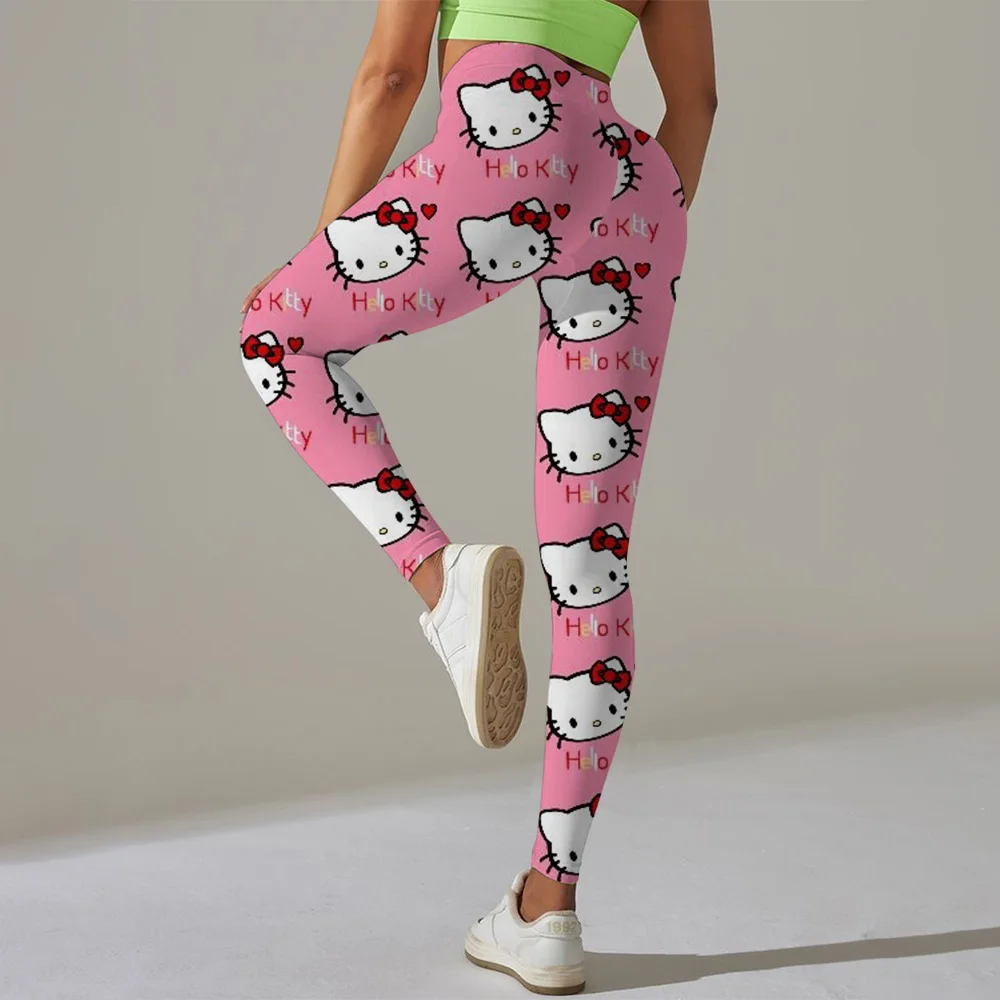 Hello Kitty พิมพ์กีฬา Legging ผู้หญิงยืดกางเกงยิมผู้หญิงวิ่งออกกําลังกายกางเกงขายาวหญิง Soft Tights Push Up กางเกงโยคะ