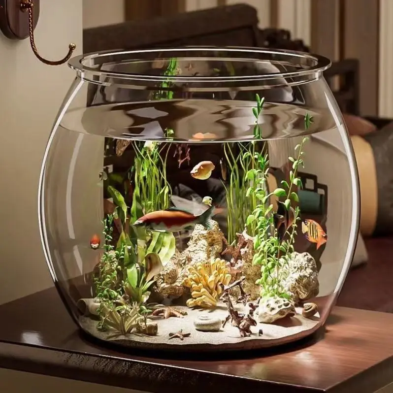 round Small Aquarium Plastic Moulded Glass Simulation Living Room Desktop Eco Tank Goldfish Office Desktop Fishbowl Aquarium